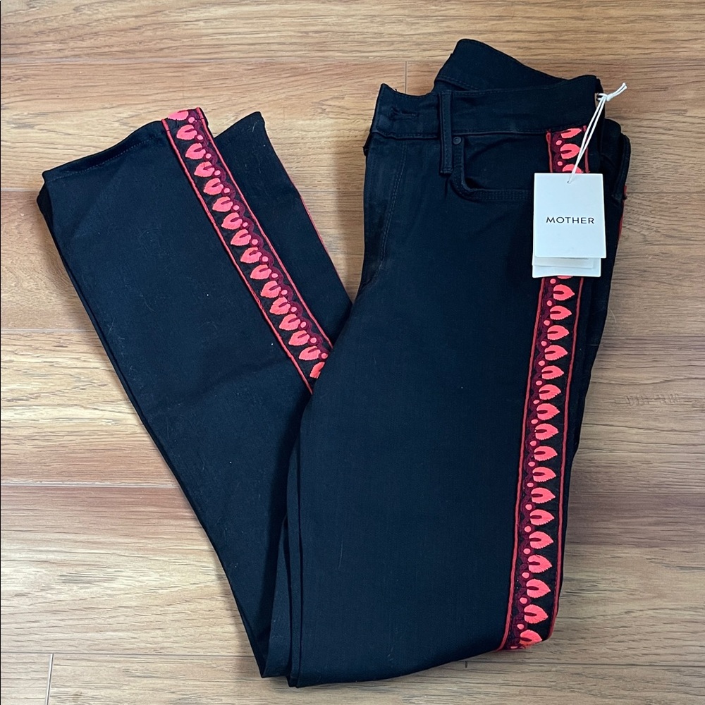 MOTHER Women's The Mid Rise Dazzler Ankle-Up in Flames,Black Jeans with Red Trim